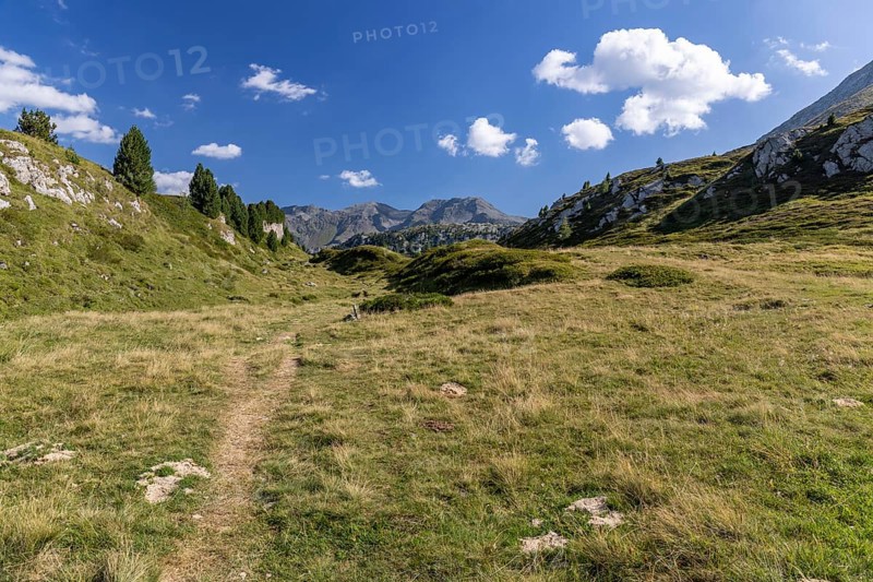 Hiking trail, Alpe di Croce on the Lukmanier Pass, behind Pizzo Campo Tencia, Blenio, Ticino, Switzerland