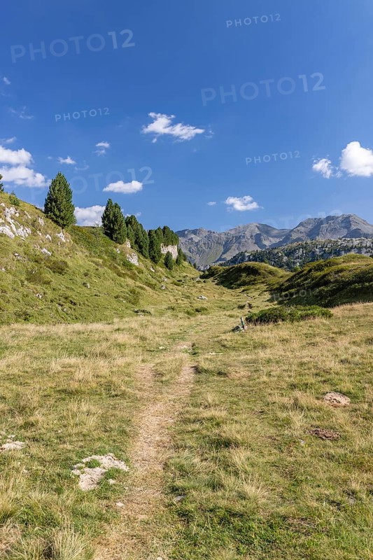 Hiking trail, Alpe di Croce on the Lukmanier Pass, behind Pizzo Campo Tencia, Blenio, Ticino, Switzerland