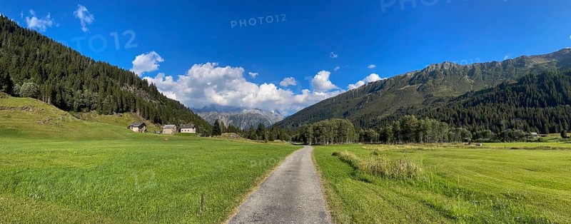Small road and mountain huts in high valley, Campra, Lukmanier Pass, Blenio, Ticino, Switzerland