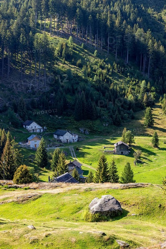 Settlement at mountain huts, Ör da Pü, Blenio, Ticino, Switzerland