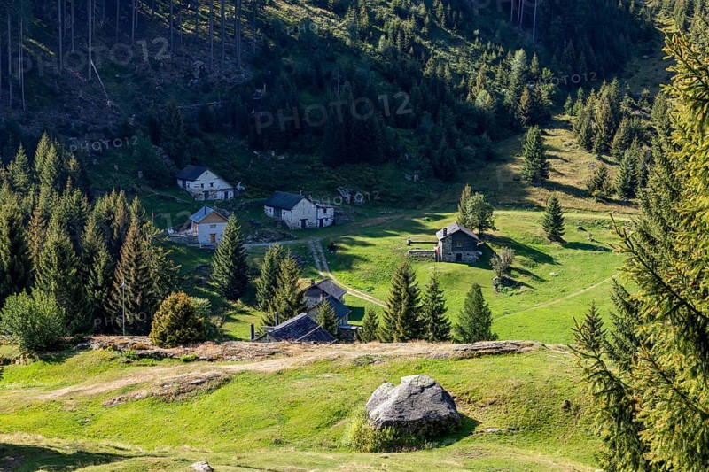Settlement at mountain huts, Ör da Pü, Blenio, Ticino, Switzerland