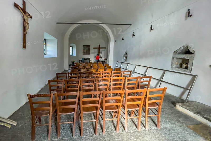 Cappella di San Gottardo from 1230 Chapel dedicated to St Gotthard on the ground floor of the 13th century building Ospizio Hospiz hostel at the top of the Gotthard Pass, Swiss Alps, Airolo, Canton Ticino, Ticino, Switzerland