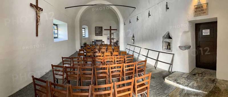 Cappella di San Gottardo from 1230 Chapel dedicated to St Gotthard on the ground floor of the 13th century building Ospizio Hospiz hostel at the top of the Gotthard Pass, Swiss Alps, Airolo, Canton Ticino, Ticino, Switzerland