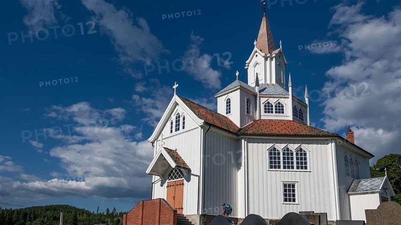 White church building with tiled roofs, Tangen kirke or church, Olavsweg or Olavsleden, pilgrimage route, Tangen, Stange municipality, Norway