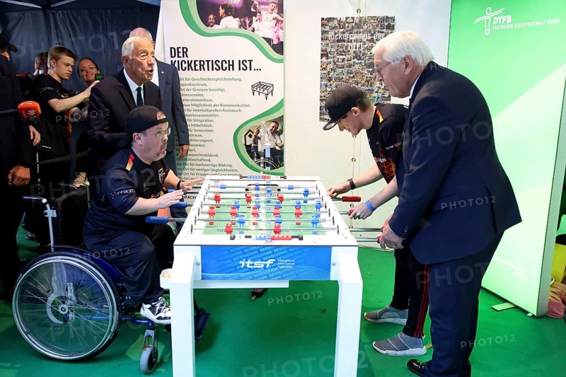 At the stand: German Table Football Association: H.E. Marcelo Rebelo de Sousa President of the Portuguese Republic with Volker Baür and David Hansen with Federal President Frank-Walter Steinmeier - Citizens' Festival of the Federal President, Bellevue Palace, Berlin, 12.9.25