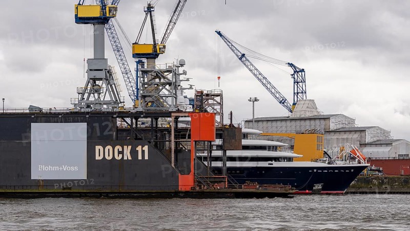 Bow of a yacht in Dock 11 of Blohm und Voss, Hamburg, Germany