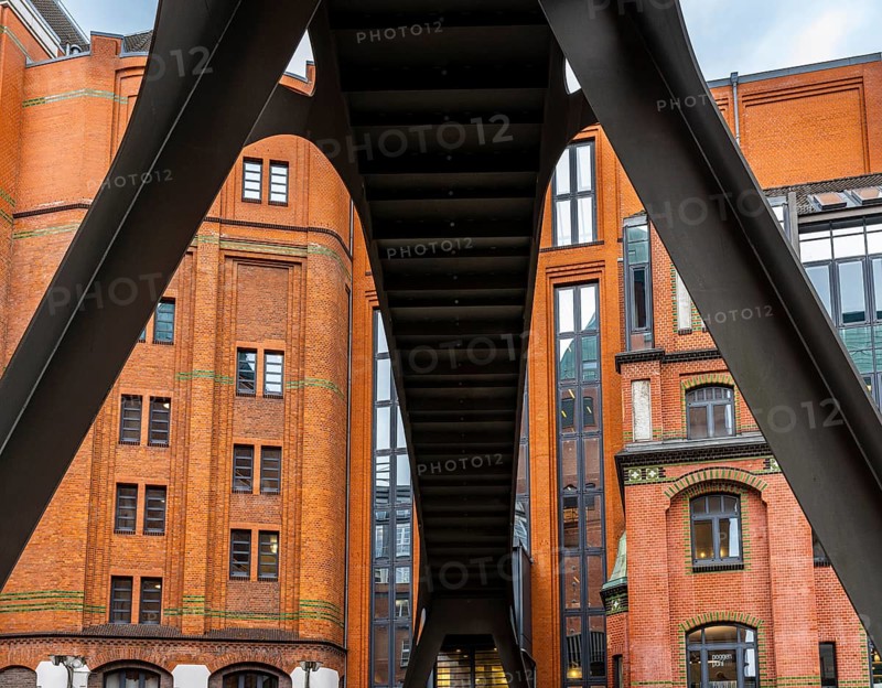 Stilwerkbrücke with the typical fish market architecture in the Große Elbstraße, Hamburg, Germany