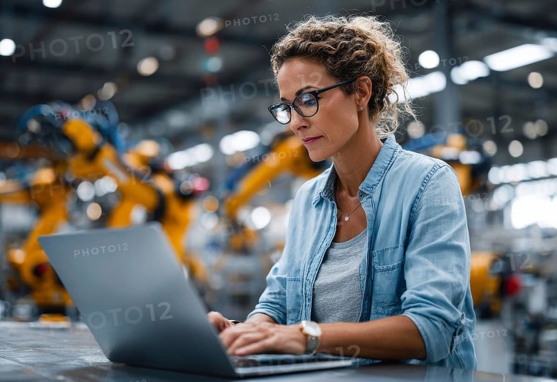 Electronics Factory Manager Working on Laptop at an Industrial Manufacture with Robotic Arms. Female Specialist Monitoring Data on a Computer, Checking and Planning Production Process, AI generated