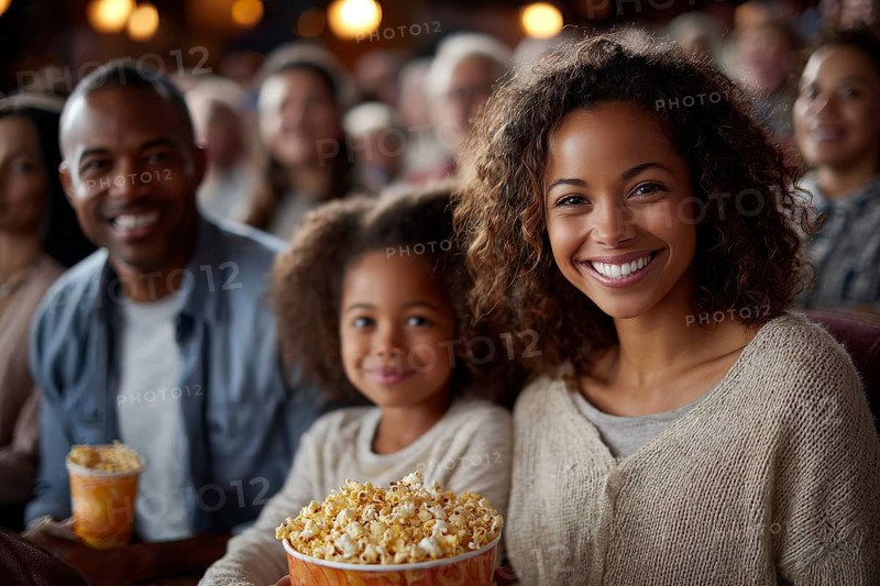 Family eating popcorn while watching the movie. Quality family time, AI generated