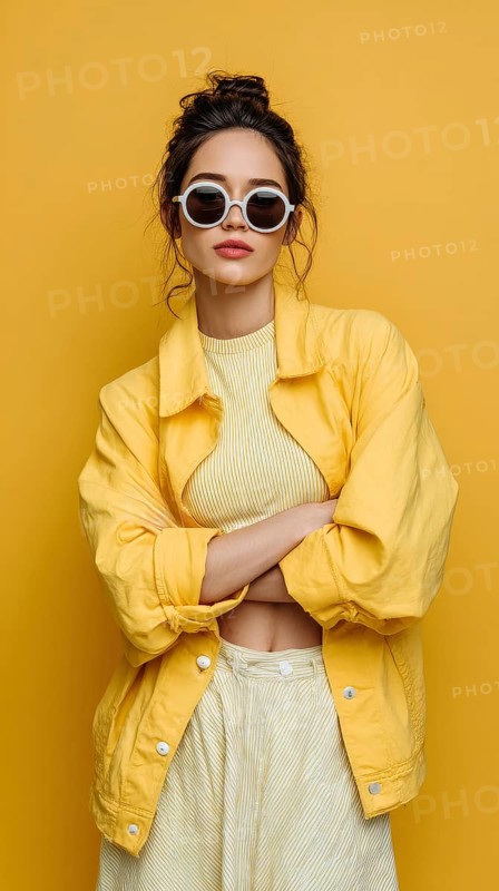 Fashion beautiful lady poses in fashionable modern clothes on yellow background. Model poses showing new fashion collection, AI generated
