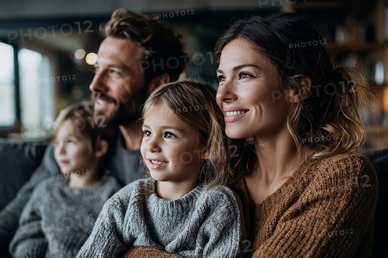 Family with children enjoying home entertainment and watching movie from streaming platform, AI generated