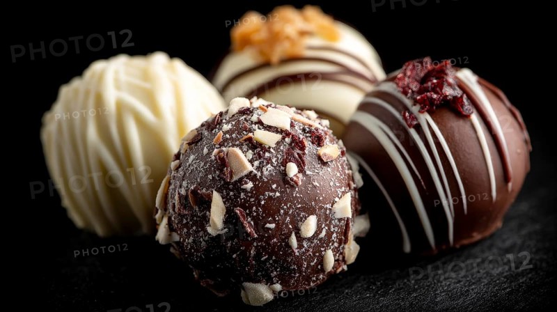 Elegant Dark and White Chocolate Truffles on Black Background. Healthy diet and healthy lifestyle, AI generated