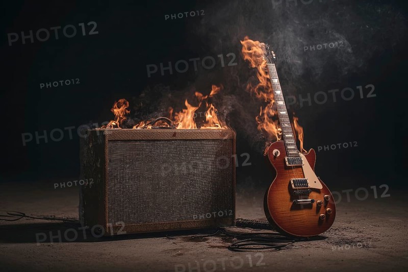 Concept of rock and roll and heavy metal music illustrated by burning guitar and amplifier, AI generated