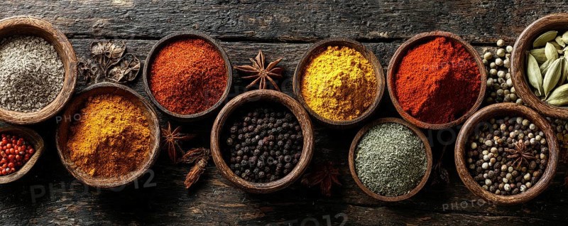 Different spices in bowls on table on rustic dark wooden background. Indian colorful spices for national Indian cousine, AI generated
