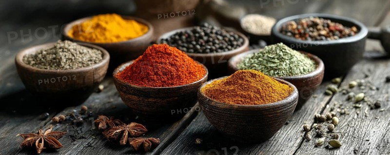 Different spices in bowls on table on rustic dark wooden background. Indian colorful spices for national Indian cousine, AI generated