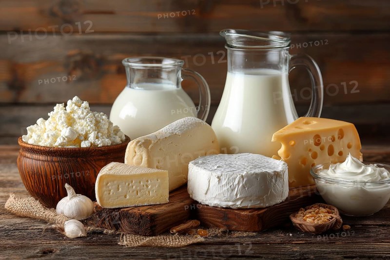 Diary products for good balanced nutrition diet and healthy lifestyle on a wooden rustic boards, AI generated