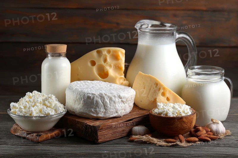 Diary products for good balanced nutrition diet and healthy lifestyle on a wooden rustic boards, AI generated