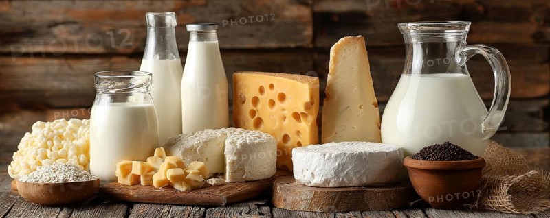 Diary products for good balanced nutrition diet and healthy lifestyle on a wooden rustic boards, AI generated