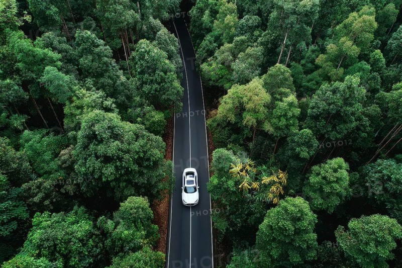 Aerial drone birds view of a lonely car on a highway going through the forest. Concept of sustainable green technologies and nature and earth preservation, AI generated