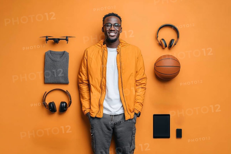 Knolling parts, fashionable teenager man. Lifestyle of a creative personality and digital content creator. Flat lay view, AI generated