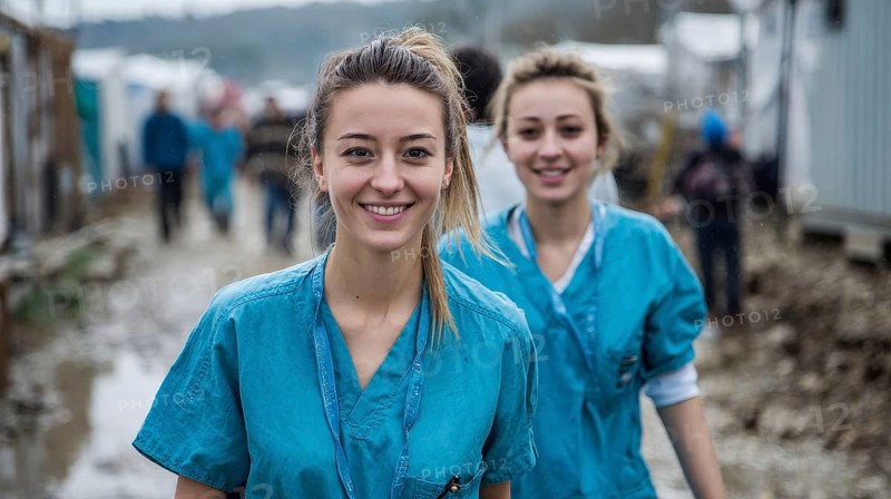 Doctors without borders helping people in refugee camp and assisting in getting medical and humanitarian aid, AI generated