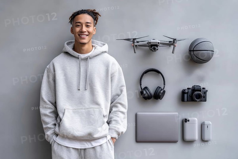 Knolling parts, fashionable teenager man. Lifestyle of a creative personality and digital content creator. Flat lay view, AI generated
