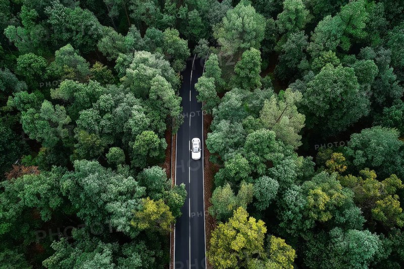 Aerial drone birds view of a lonely car on a highway going through the forest. Concept of sustainable green technologies and nature and earth preservation, AI generated