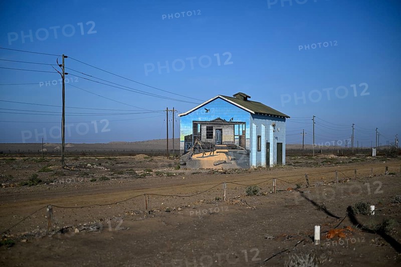 Painted house facade, graffito, brown hyena, diamonds, Oranjemund, Karas region, Namibia