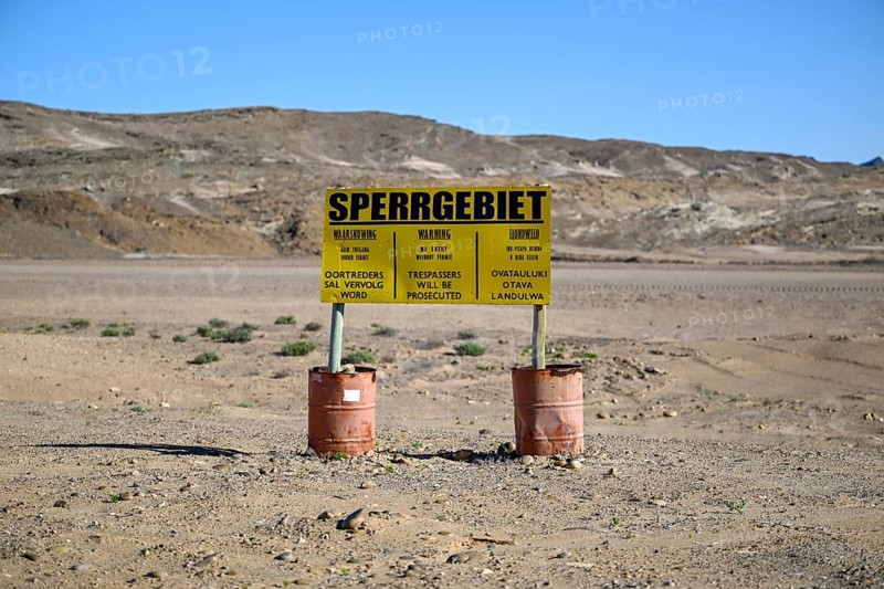 Restricted area sign, diamond restricted area, near Oranjemund, Karas region, Namibia