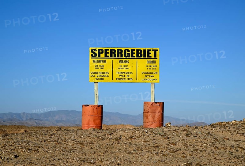 Restricted area sign, diamond restricted area, near Oranjemund, Karas region, Namibia