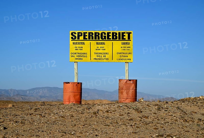 Restricted area sign, diamond restricted area, near Oranjemund, Karas region, Namibia