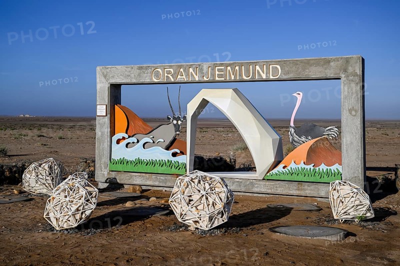 Sign at the entrance to Oranjemund, diamonds, diamond restricted area, Karas region, Namibia