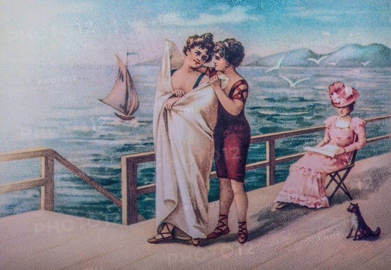 Old postcard. Women on the bathing jetty