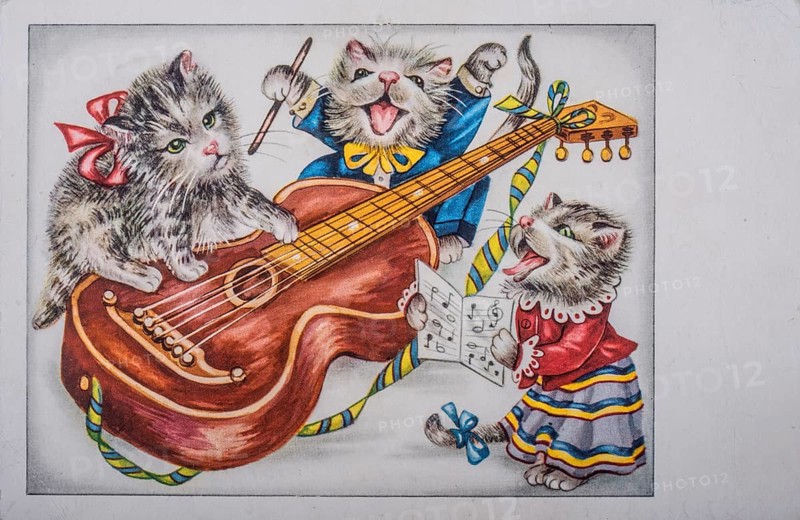 Old postcard and greeting card. Music-making cats