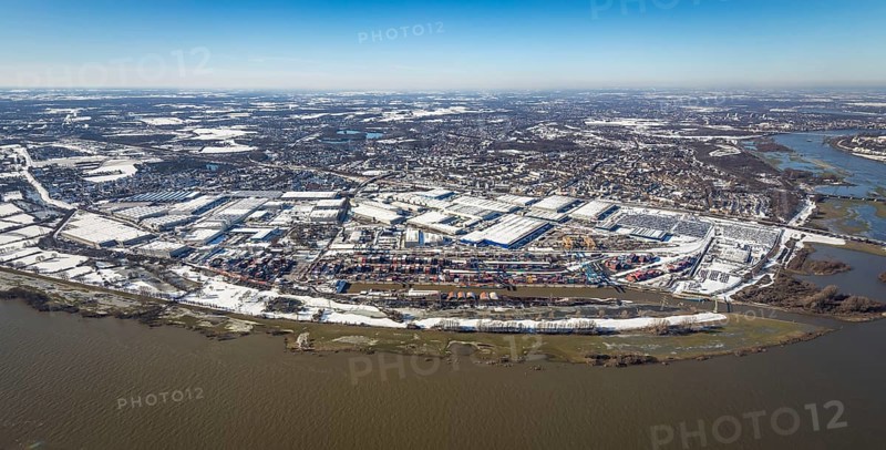 Aerial view, river Ruhr, logport I, terminal, container harbour, DIT Duisburg Intermodal Terminal GmbH, D3T Duisburg Trimodal Terminal, Wanheim-Angerhausen, Duisburg, Ruhr area, North Rhine-Westphalia, Germany, container, container terminal, container service, DE, Port of Duisburg, Duisport, Europe, distant view, river Rhine, freight traffic, port, port area, logistics, logistics centre, aerial view, aerial photography, aerial photography, snow, transport, transport service, overview, bird's-eye view, winter, birds-eyes view, cleared roads, overview