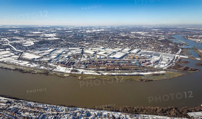 Aerial view, river Ruhr, logport I, terminal, container harbour, DIT Duisburg Intermodal Terminal GmbH, D3T Duisburg Trimodal Terminal, Wanheim-Angerhausen, Duisburg, Ruhr area, North Rhine-Westphalia, Germany, container, container terminal, container service, DE, Port of Duisburg, Duisport, Europe, distant view, river Rhine, freight traffic, port, port area, logistics, logistics centre, aerial view, aerial photography, aerial photography, snow, transport, transport service, overview, bird's-eye view, winter, birds-eyes view, cleared roads, overview