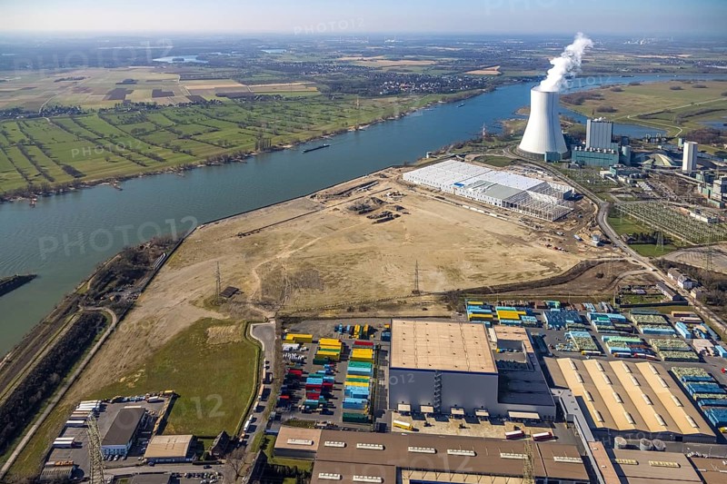 Aerial view, Logport 6, Duisport, near coal-fired power station Steak Walsum, Rhine, Alt-Walsum, Duisburg, Ruhr area, North Rhine-Westphalia, Germany, DE, Europe, birds-eyes view, aerial photograph, aerial photography, aerial photography, overview, bird's eye view
