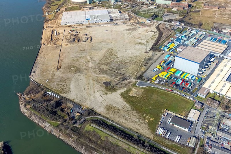 Aerial view, Logport 6, Duisport, near coal-fired power station Steak Walsum, Rhine, Alt-Walsum, Duisburg, Ruhr area, North Rhine-Westphalia, Germany, DE, Europe, birds-eyes view, aerial photograph, aerial photography, aerial photography, overview, bird's eye view