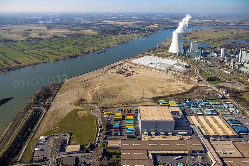 Aerial view, Logport 6, Duisport, near coal-fired power station Steak Walsum, Rhine, Alt-Walsum, Duisburg, Ruhr area, North Rhine-Westphalia, Germany, DE, Europe, birds-eyes view, aerial photograph, aerial photography, aerial photography, overview, bird's eye view