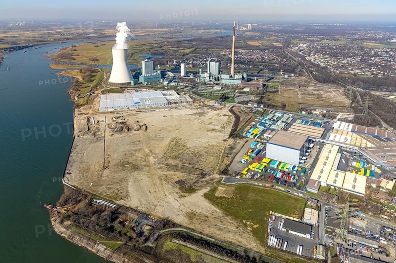 Aerial view, Logport 6, Duisport, near coal-fired power station Steak Walsum, Rhine, Alt-Walsum, Duisburg, Ruhr area, North Rhine-Westphalia, Germany, DE, Europe, birds-eyes view, aerial photograph, aerial photography, aerial photography, overview, bird's eye view