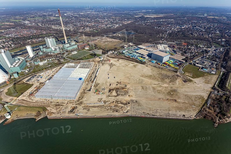 Aerial view, Logport 6, Duisport, near coal-fired power station Steak Walsum, Rhine, Alt-Walsum, Duisburg, Ruhr area, North Rhine-Westphalia, Germany, DE, Europe, birds-eyes view, aerial photograph, aerial photography, aerial photography, overview, bird's eye view