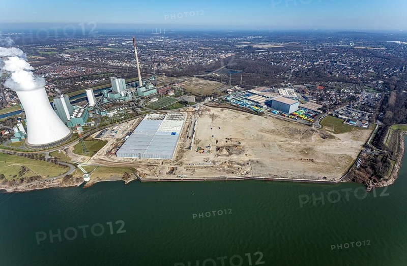 Aerial view, Logport 6, Duisport, near coal-fired power station Steak Walsum, Rhine, Alt-Walsum, Duisburg, Ruhr area, North Rhine-Westphalia, Germany, DE, Europe, birds-eyes view, aerial photograph, aerial photography, aerial photography, overview, bird's eye view