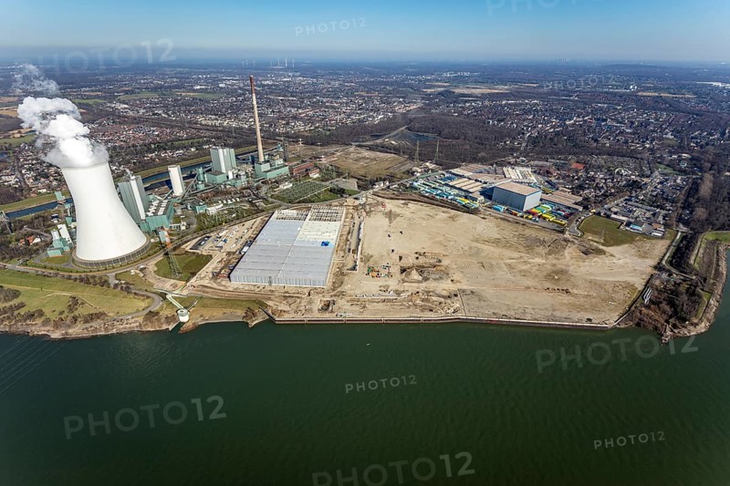 Aerial view, Logport 6, Duisport, near coal-fired power station Steak Walsum, Rhine, Alt-Walsum, Duisburg, Ruhr area, North Rhine-Westphalia, Germany, DE, Europe, birds-eyes view, aerial photograph, aerial photography, aerial photography, overview, bird's eye view