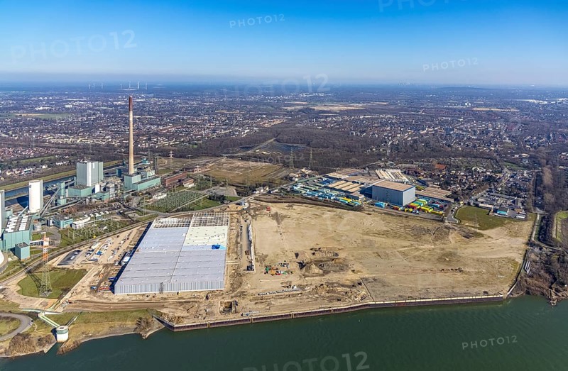 Aerial view, Logport 6, Duisport, near coal-fired power station Steak Walsum, Rhine, Alt-Walsum, Duisburg, Ruhr area, North Rhine-Westphalia, Germany, DE, Europe, birds-eyes view, aerial photograph, aerial photography, aerial photography, overview, bird's eye view