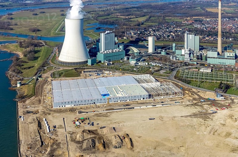 Aerial view, Logport 6, Duisport, near coal-fired power station Steak Walsum, Rhine, Alt-Walsum, Duisburg, Ruhr area, North Rhine-Westphalia, Germany, DE, Europe, birds-eyes view, aerial photograph, aerial photography, aerial photography, overview, bird's eye view