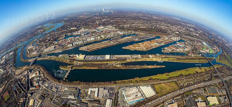 Aerial view, Duisburg harbour, coal island, Duisport, Rhine-Herne Canal, Ruhr, fisheye image, Ruhrort, Duisburg, Ruhr area, North Rhine-Westphalia, Germany, DE, Europe, birds-eyes view, aerial photography, aerial photography, overview, overview, bird's eye view
