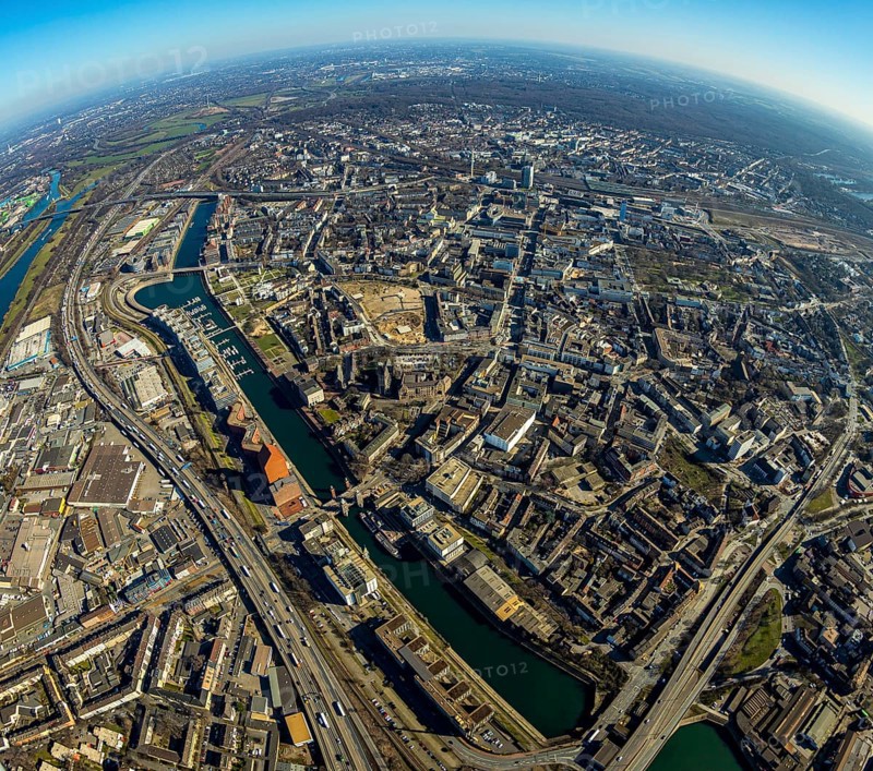 Aerial photo, inner harbour, Schwanentor, fisheye, Duisburg-Mitte, Duisburg town hall, Ruhrort, Duisburg, Ruhr area, North Rhine-Westphalia, Germany, DE, Europe, birds-eyes view, aerial photography, aerial photography, overview, bird's eye view