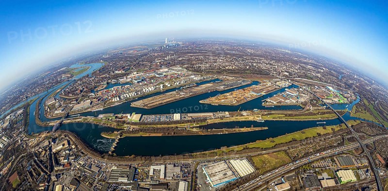 Aerial view, Duisburg harbour, coal island, Duisport, Rhine-Herne Canal, Ruhr, fisheye image, Ruhrort, Duisburg, Ruhr area, North Rhine-Westphalia, Germany, DE, Europe, birds-eyes view, aerial photography, aerial photography, overview, overview, bird's eye view