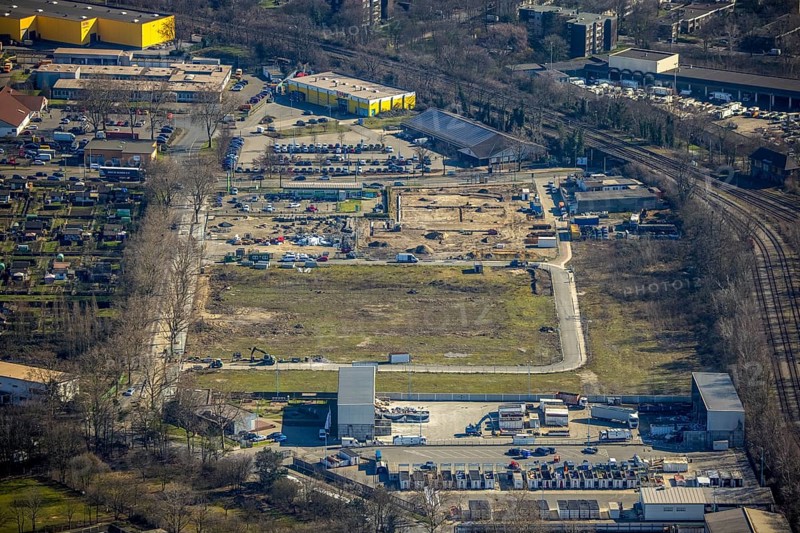 Aerial view, construction site, commercial area Im Holtkamp, recycling centre, Röttgersbach, Duisburg, Ruhr area, North Rhine-Westphalia, Germany, construction work, building, construction area, building site, building plots, construction project, construction site, DE, Europe, commercial enterprises, commercial area, commercial park, commercial site, commercial use, industrial area, industrial site, aerial photograph, aerial photography, aerial photography, new construction, overview, bird's eye view, birds-eyes view, overview