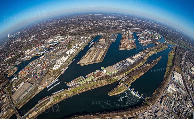 Aerial view, Duisburg harbour, coal island, Duisport, Rhine-Herne Canal, Ruhr, fisheye image, Ruhrort, Duisburg, Ruhr area, North Rhine-Westphalia, Germany, DE, Europe, birds-eyes view, aerial photography, aerial photography, overview, overview, bird's eye view
